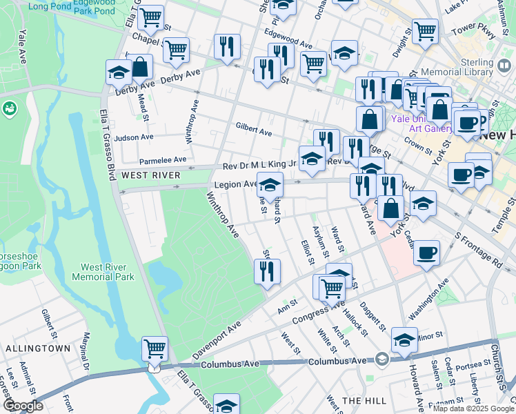 map of restaurants, bars, coffee shops, grocery stores, and more near 26 Vine Street in New Haven