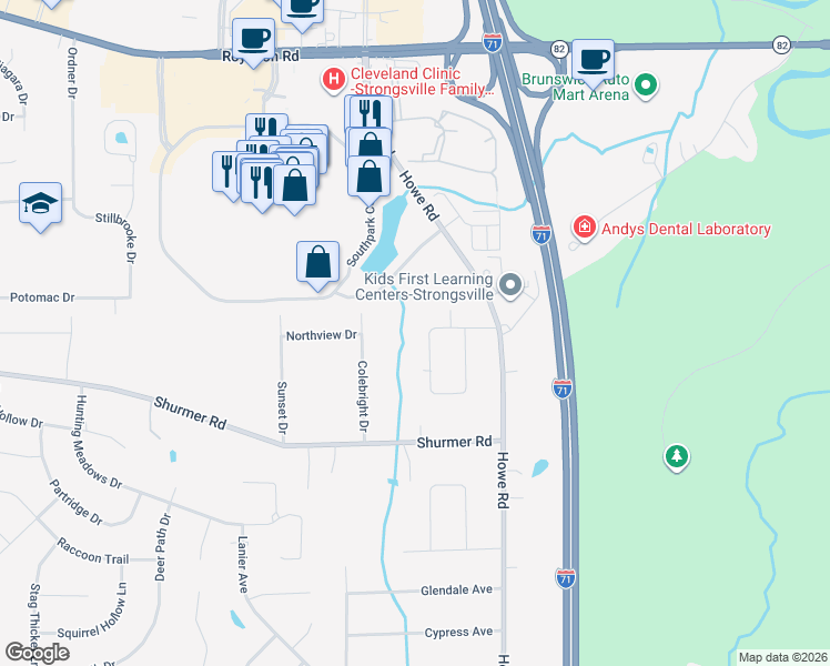 map of restaurants, bars, coffee shops, grocery stores, and more near 15606 Pomeroy Boulevard in Strongsville