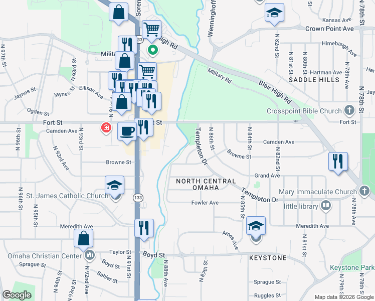 map of restaurants, bars, coffee shops, grocery stores, and more near 8762 Templeton Drive in Omaha