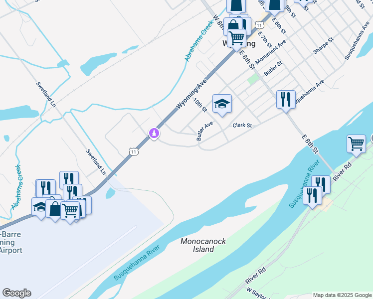 map of restaurants, bars, coffee shops, grocery stores, and more near 706 Susquehanna Avenue in Wyoming