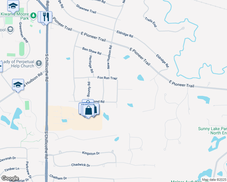map of restaurants, bars, coffee shops, grocery stores, and more near 500 Fox Run Trail in Aurora