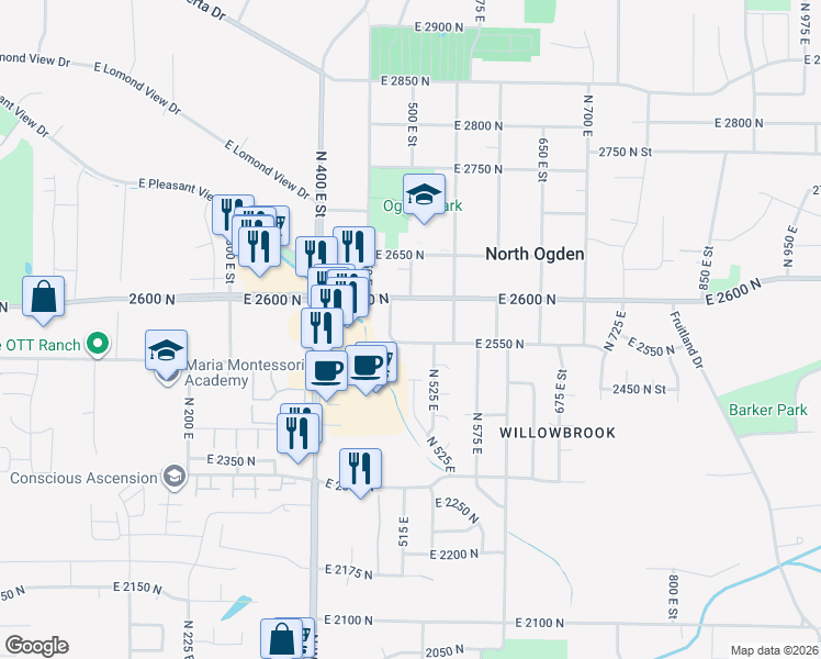 map of restaurants, bars, coffee shops, grocery stores, and more near 505 East 2600 North in Ogden