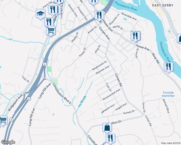 map of restaurants, bars, coffee shops, grocery stores, and more near 19 Weybosset Street in Shelton