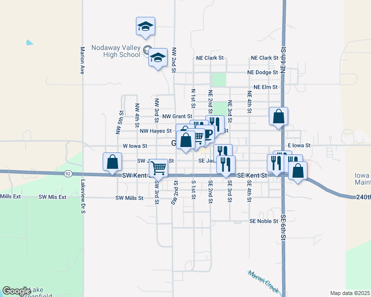 map of restaurants, bars, coffee shops, grocery stores, and more near 292 Public Square in Greenfield