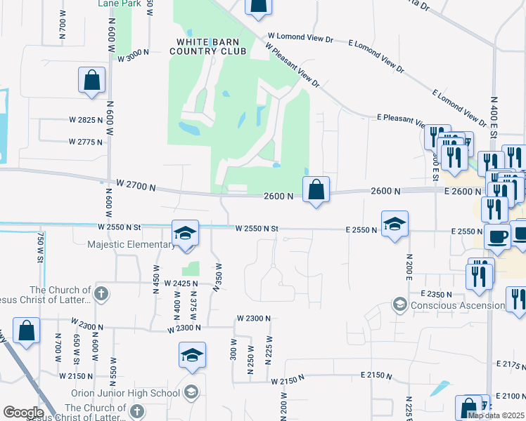 map of restaurants, bars, coffee shops, grocery stores, and more near 255 West 2700 North in Pleasant View