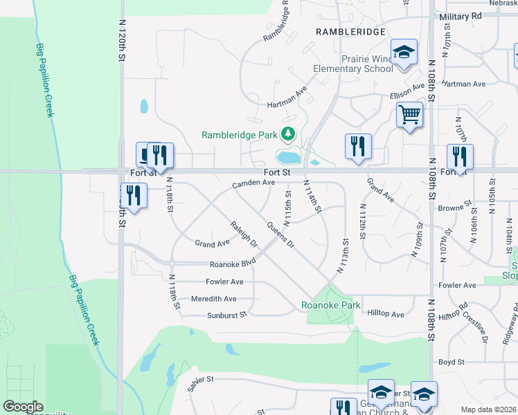 map of restaurants, bars, coffee shops, grocery stores, and more near 5135 North 116th Street in Omaha