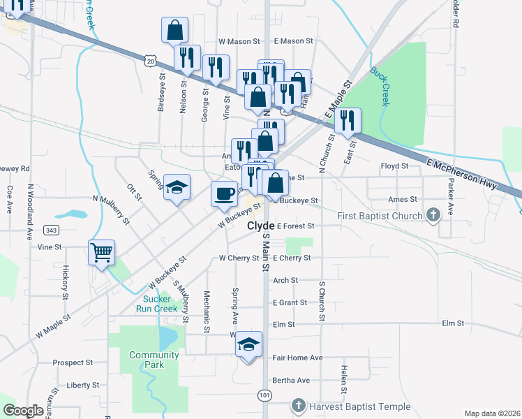 map of restaurants, bars, coffee shops, grocery stores, and more near 107 South Main Street in Clyde