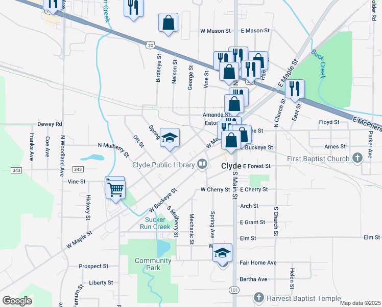 map of restaurants, bars, coffee shops, grocery stores, and more near 632 Vine Street in Clyde