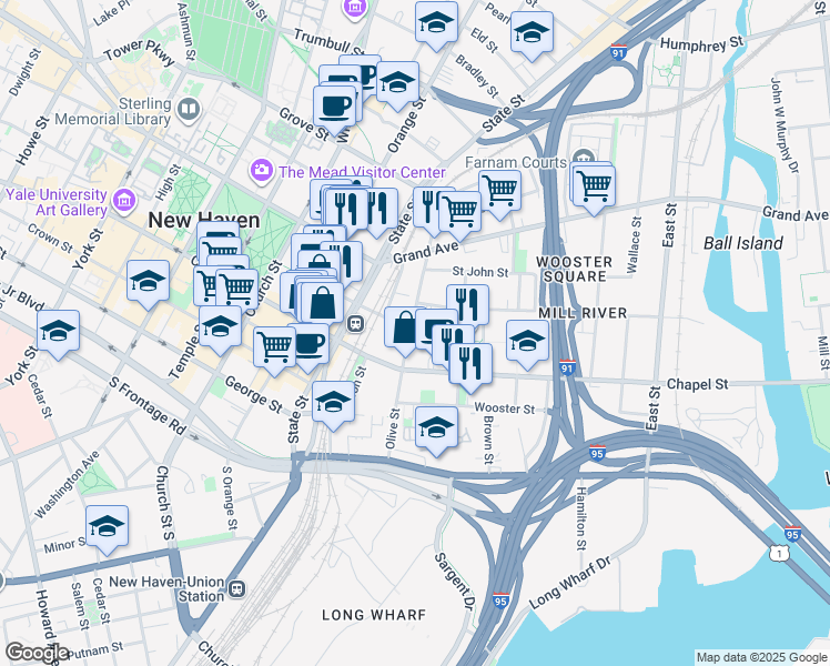map of restaurants, bars, coffee shops, grocery stores, and more near 99 Olive Street in New Haven
