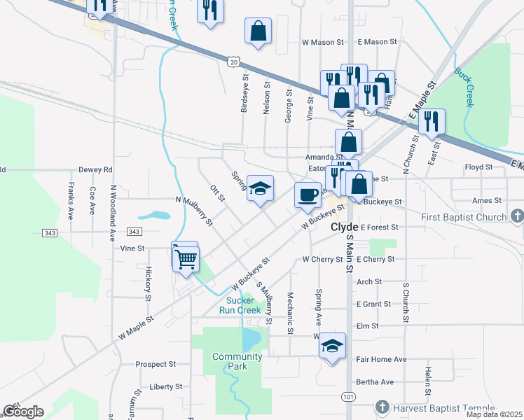 map of restaurants, bars, coffee shops, grocery stores, and more near 201 Spring Street in Clyde