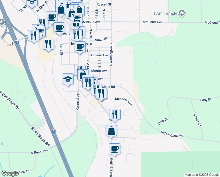 map of restaurants, bars, coffee shops, grocery stores, and more near 310 Old McCloud Road in Mount Shasta