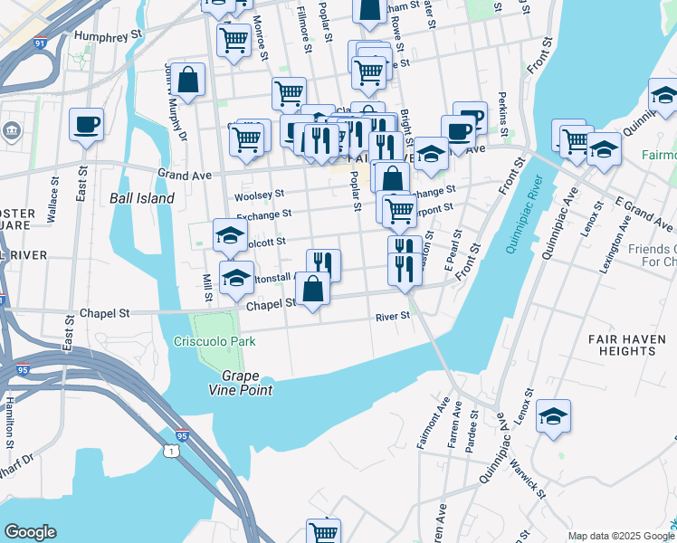 map of restaurants, bars, coffee shops, grocery stores, and more near 138 Poplar Street in New Haven
