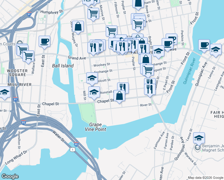 map of restaurants, bars, coffee shops, grocery stores, and more near 139 Lloyd Street in New Haven