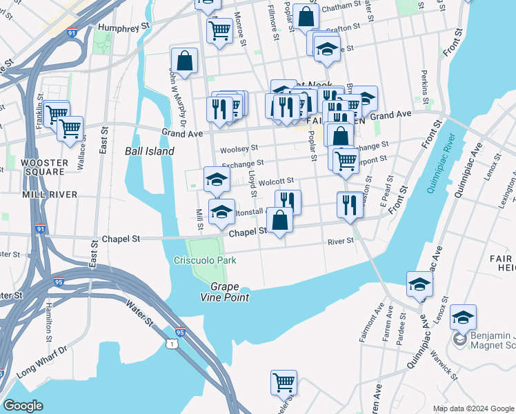 map of restaurants, bars, coffee shops, grocery stores, and more near 139 Lloyd Street in New Haven