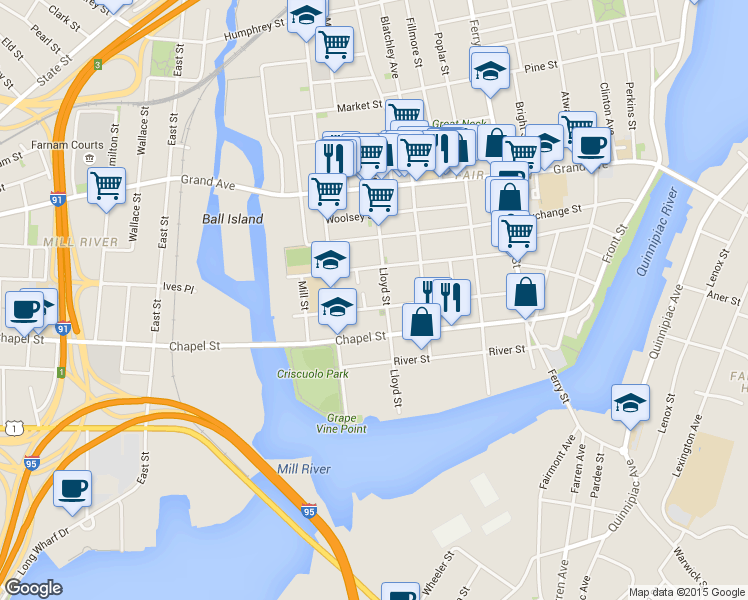 map of restaurants, bars, coffee shops, grocery stores, and more near 182 Wolcott Street in New Haven