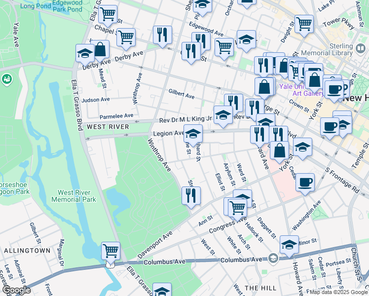 map of restaurants, bars, coffee shops, grocery stores, and more near 26 Vine Street in New Haven