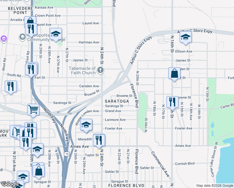 map of restaurants, bars, coffee shops, grocery stores, and more near 2118 Browne Street in Omaha