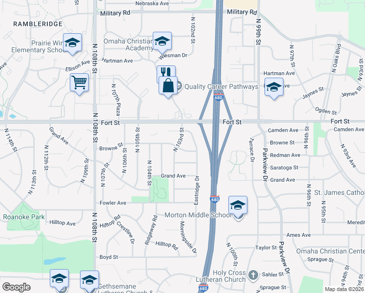 map of restaurants, bars, coffee shops, grocery stores, and more near 5121 North 103rd Street in Omaha