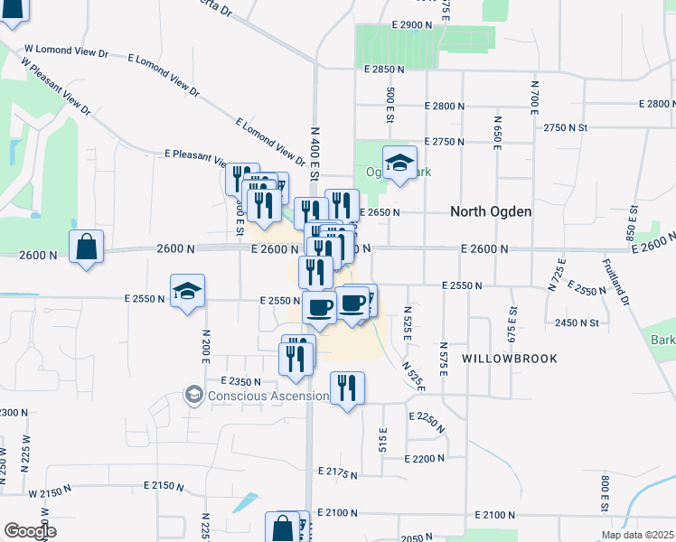 map of restaurants, bars, coffee shops, grocery stores, and more near 2572 North Washington Boulevard in North Ogden