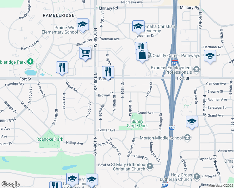 map of restaurants, bars, coffee shops, grocery stores, and more near 5114 North 105th Street in Omaha
