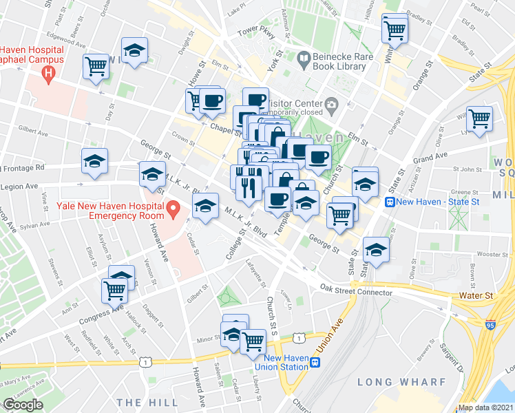 map of restaurants, bars, coffee shops, grocery stores, and more near George St & College St in New Haven