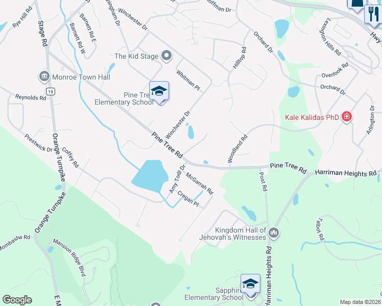 map of restaurants, bars, coffee shops, grocery stores, and more near 128 Pine Tree Road in Monroe