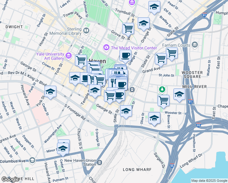 map of restaurants, bars, coffee shops, grocery stores, and more near 770 Chapel Street in New Haven