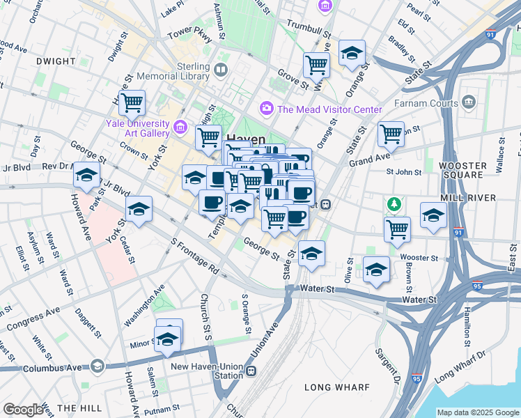 map of restaurants, bars, coffee shops, grocery stores, and more near 848 Chapel Street in New Haven