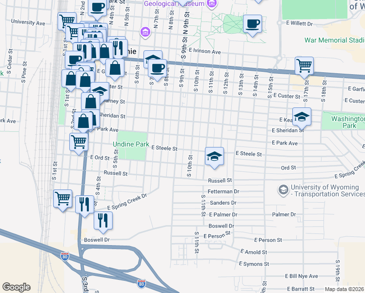 map of restaurants, bars, coffee shops, grocery stores, and more near 808 South 9th Street in Laramie