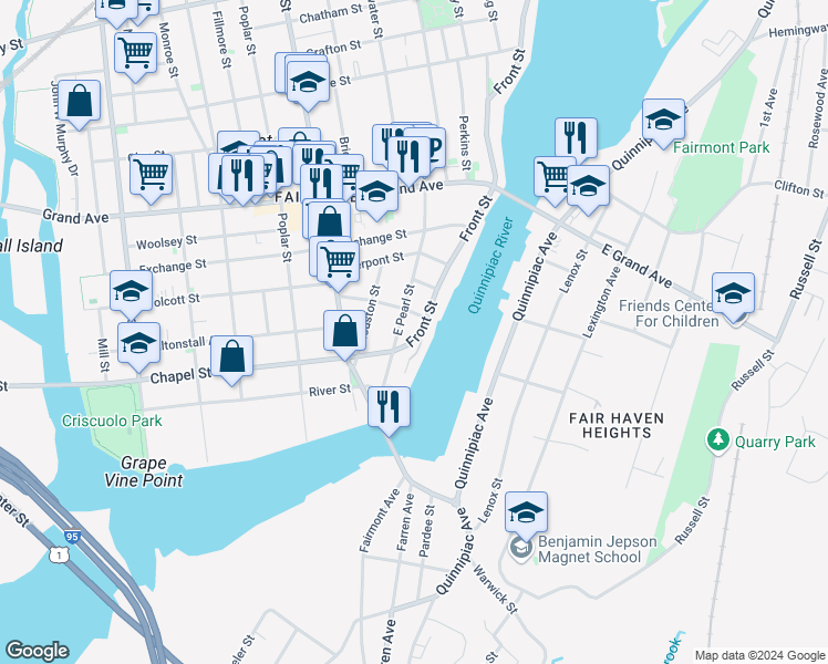 map of restaurants, bars, coffee shops, grocery stores, and more near 48 East Pearl Street in New Haven