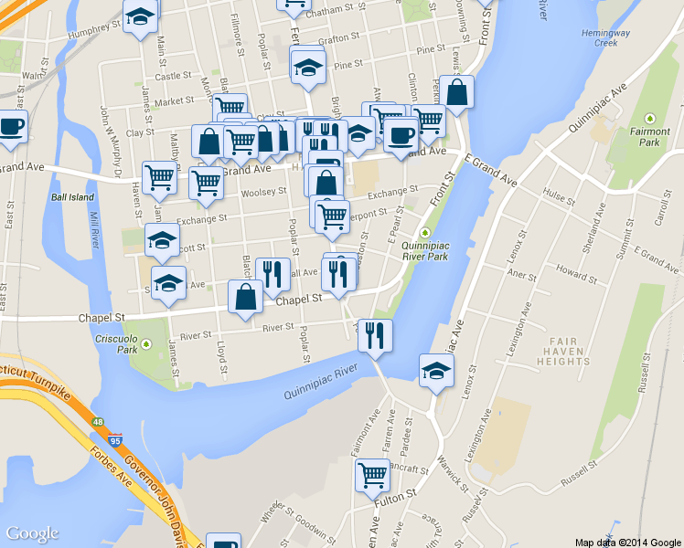 map of restaurants, bars, coffee shops, grocery stores, and more near 48 Houston Street in New Haven