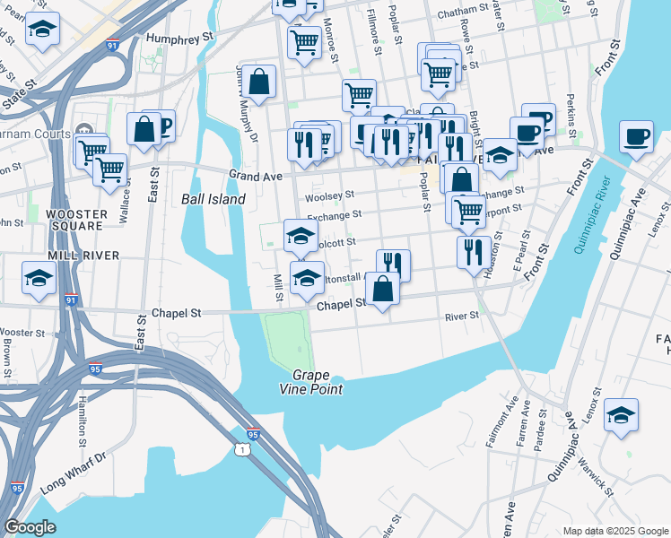 map of restaurants, bars, coffee shops, grocery stores, and more near 182 Wolcott Street in New Haven