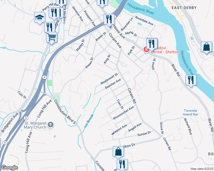 map of restaurants, bars, coffee shops, grocery stores, and more near 14 Weybosset Street in Shelton