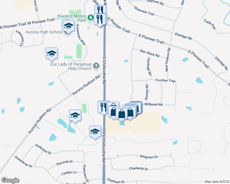 map of restaurants, bars, coffee shops, grocery stores, and more near 500 Willard Road in Aurora
