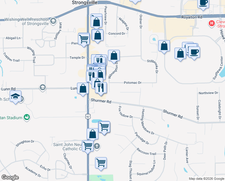map of restaurants, bars, coffee shops, grocery stores, and more near 18457 Potomac Drive in Strongsville
