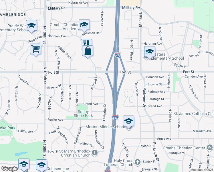 map of restaurants, bars, coffee shops, grocery stores, and more near 5121 Eastridge Drive in Omaha