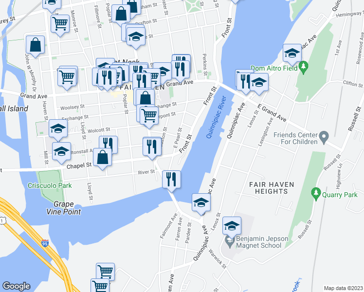 map of restaurants, bars, coffee shops, grocery stores, and more near 48 East Pearl Street in New Haven