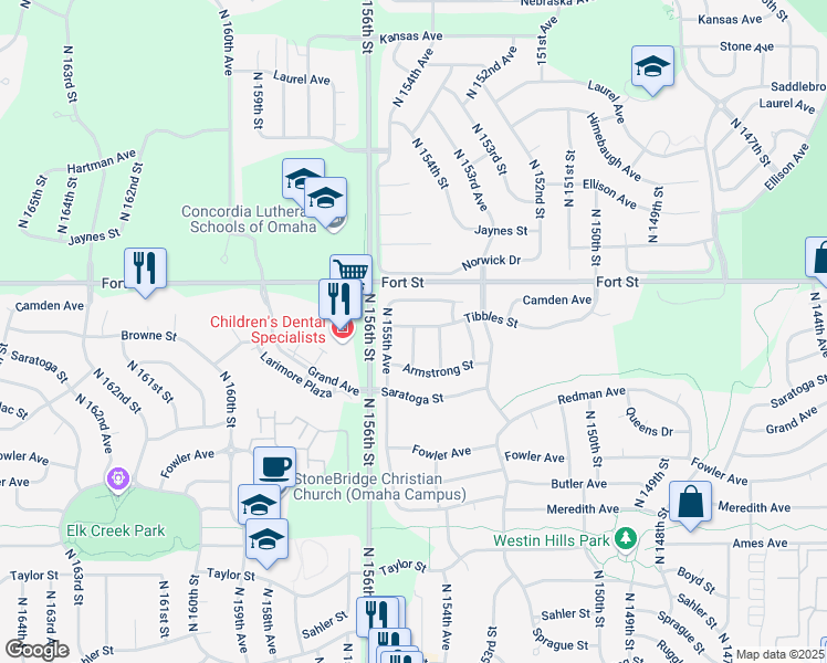 map of restaurants, bars, coffee shops, grocery stores, and more near 5401 N 155th St in Omaha