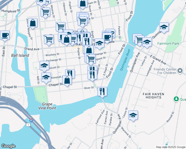 map of restaurants, bars, coffee shops, grocery stores, and more near 191 Ferry Street in New Haven