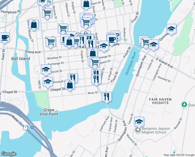 map of restaurants, bars, coffee shops, grocery stores, and more near 191 Ferry Street in New Haven