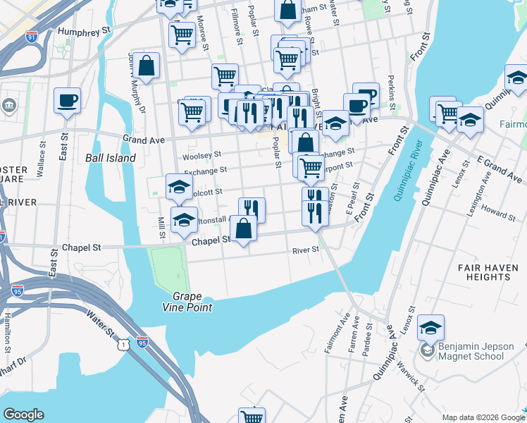 map of restaurants, bars, coffee shops, grocery stores, and more near 138 Poplar Street in New Haven