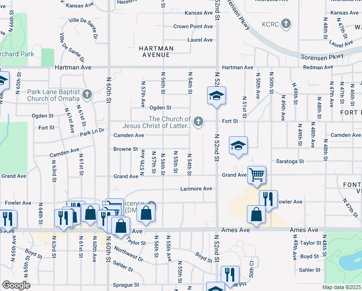 map of restaurants, bars, coffee shops, grocery stores, and more near 5425 Camden Avenue in Omaha