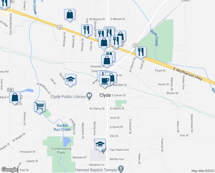 map of restaurants, bars, coffee shops, grocery stores, and more near 103 South Main Street in Clyde