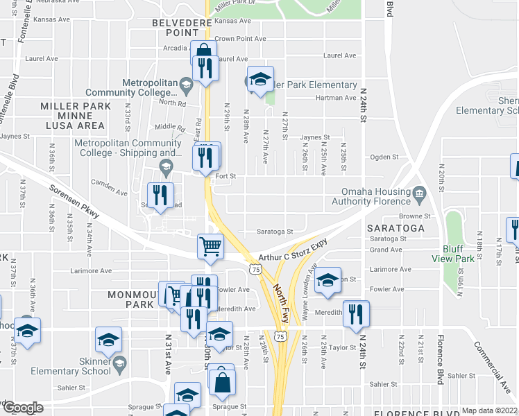 map of restaurants, bars, coffee shops, grocery stores, and more near 2734 Browne Street in Omaha