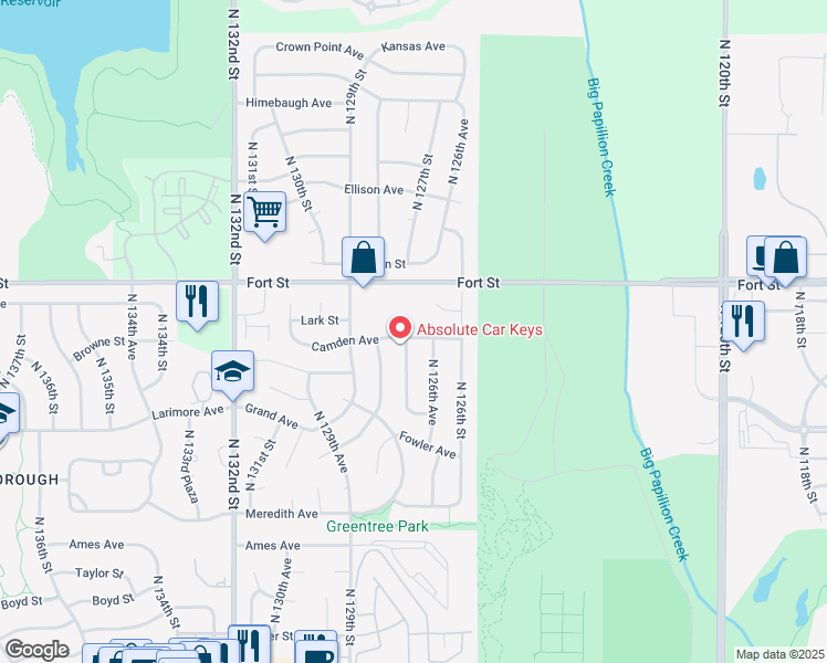 map of restaurants, bars, coffee shops, grocery stores, and more near 12660 Camden Avenue in Omaha