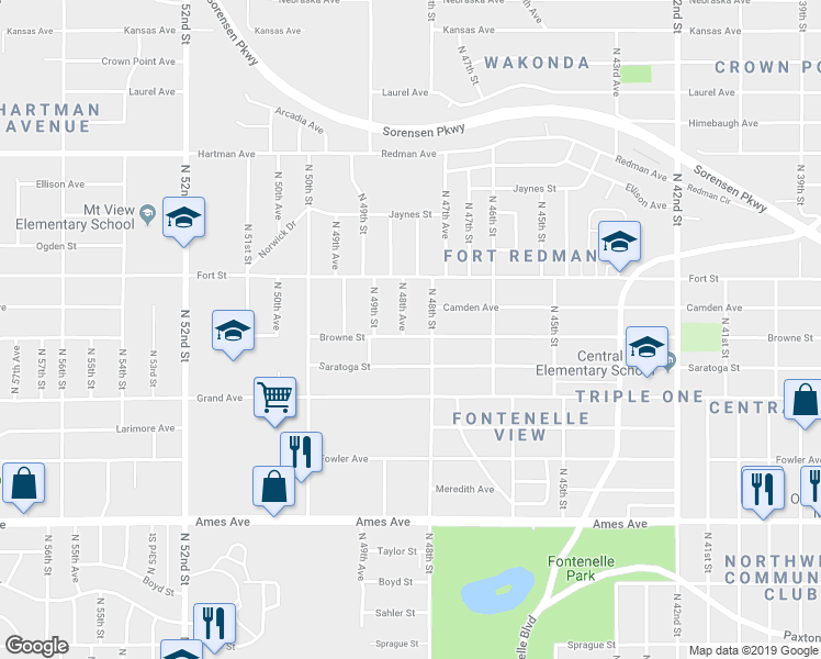 map of restaurants, bars, coffee shops, grocery stores, and more near 4820 Browne Street in Omaha