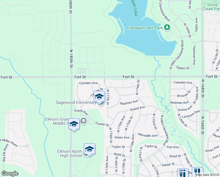 map of restaurants, bars, coffee shops, grocery stores, and more near 5151 North 176th Avenue Circle in Omaha