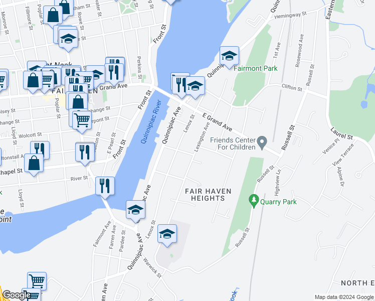 map of restaurants, bars, coffee shops, grocery stores, and more near 56 Aner Street in New Haven