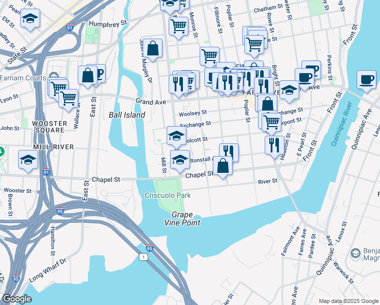 map of restaurants, bars, coffee shops, grocery stores, and more near 182 Wolcott Street in New Haven