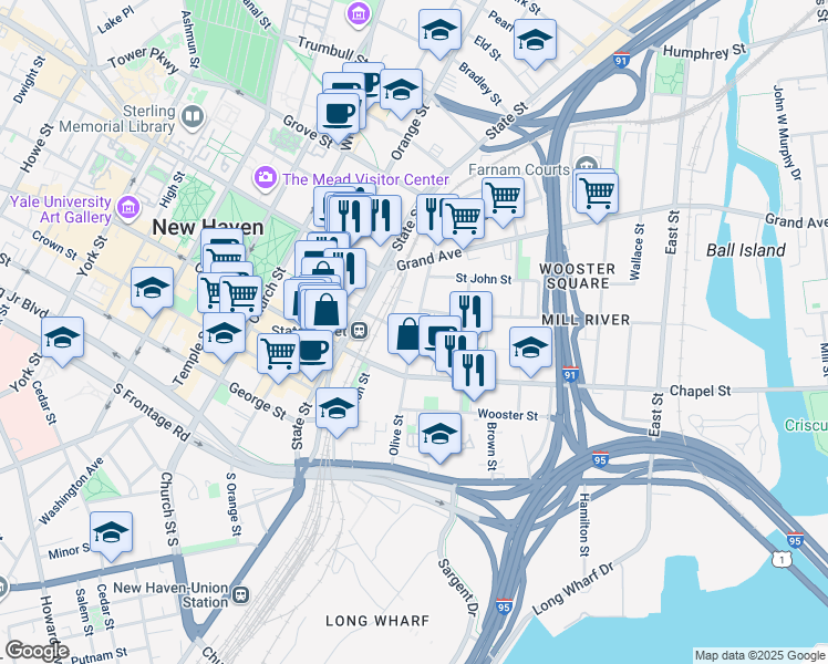 map of restaurants, bars, coffee shops, grocery stores, and more near 99 Olive Street in New Haven